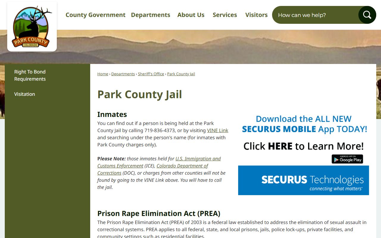 Park County jail inmate lookup information page