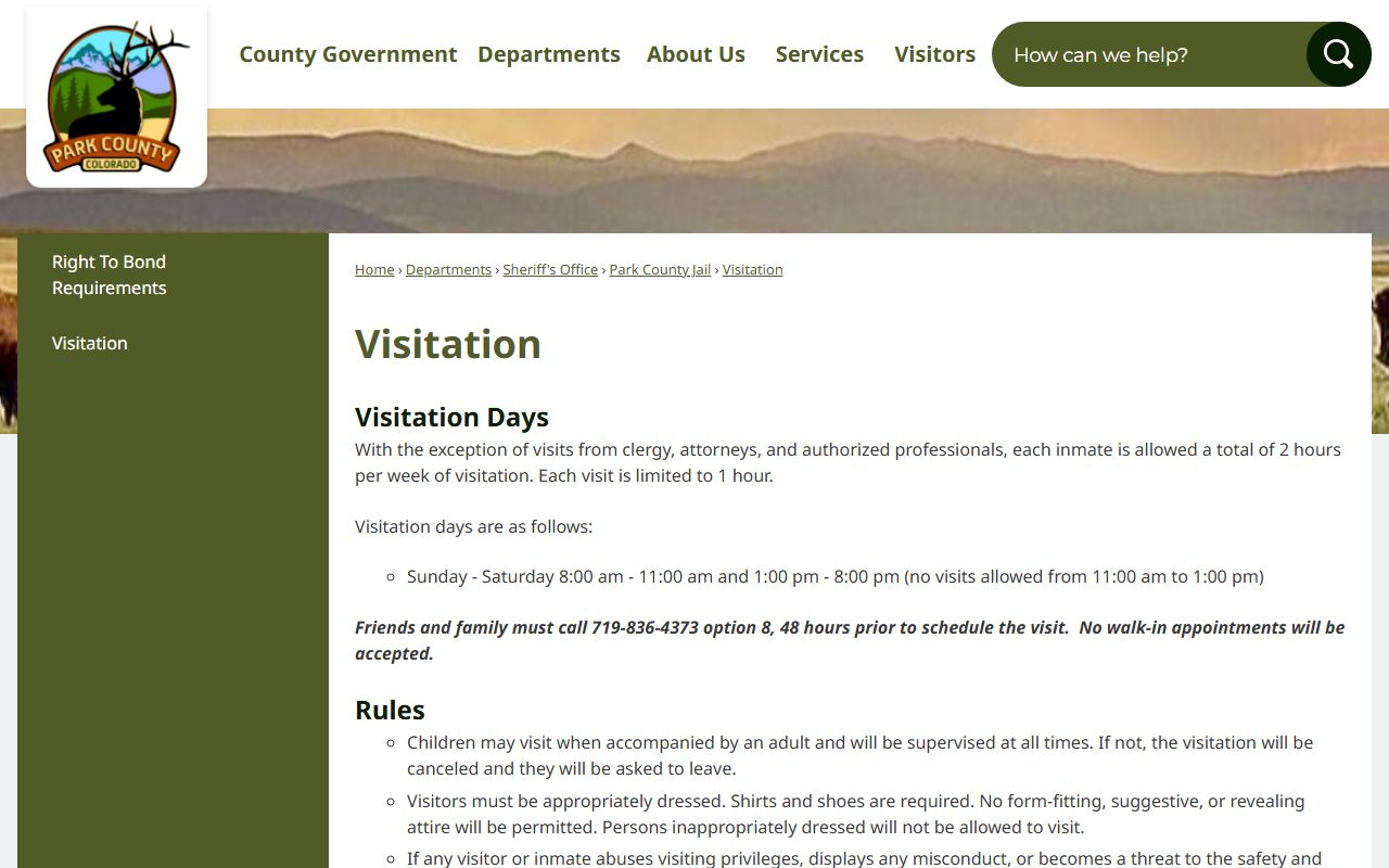 Park County jail visitation schedule and custody rules