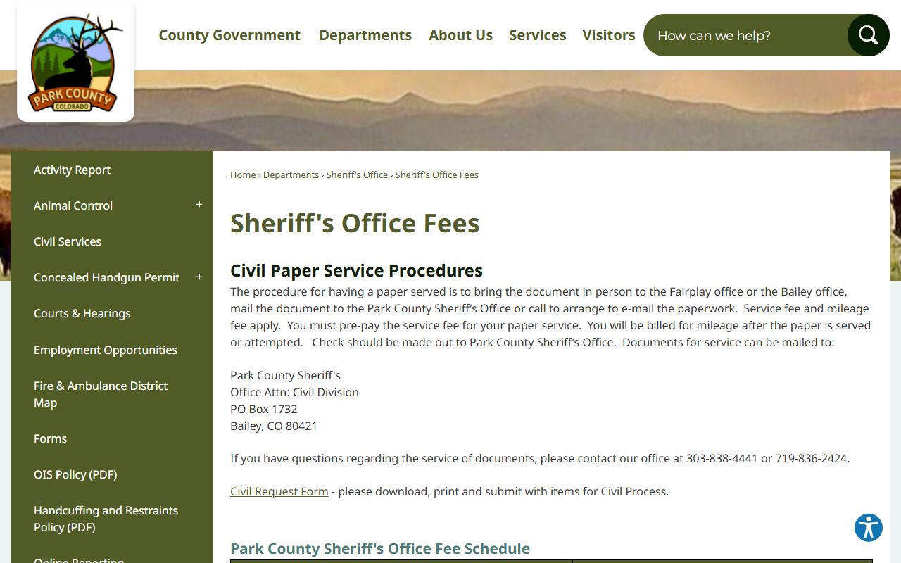 Park County sheriff records and case photo fee schedule for mugshot requests